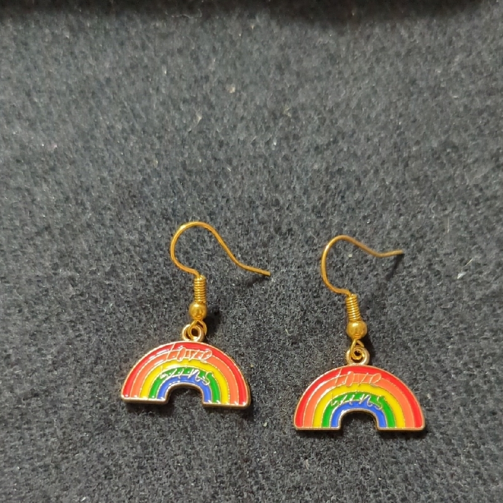 Gold Tone Pride Love Wins Rainbow Dangle Statement Earrings